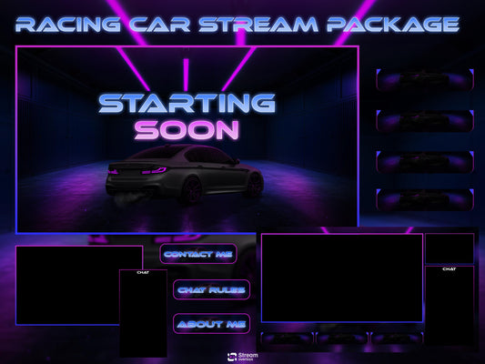 Car Twitch Overlay Pack | Animated Racing Stream | Neon Streaming scenes | Purple Screen Animation | Streams Alerts | Panels, Streamlabs,OBS