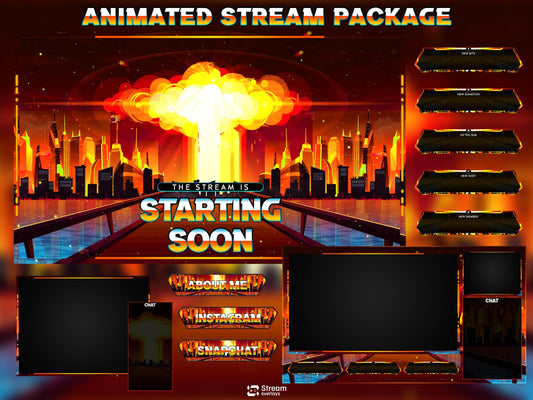 Atomic Explosion Stream Package, Nuclear Blast Twitch Overlay, Cyberpunk City Fire Overlays, Dystopian Stream Apocalypse City OBS Streamlabs