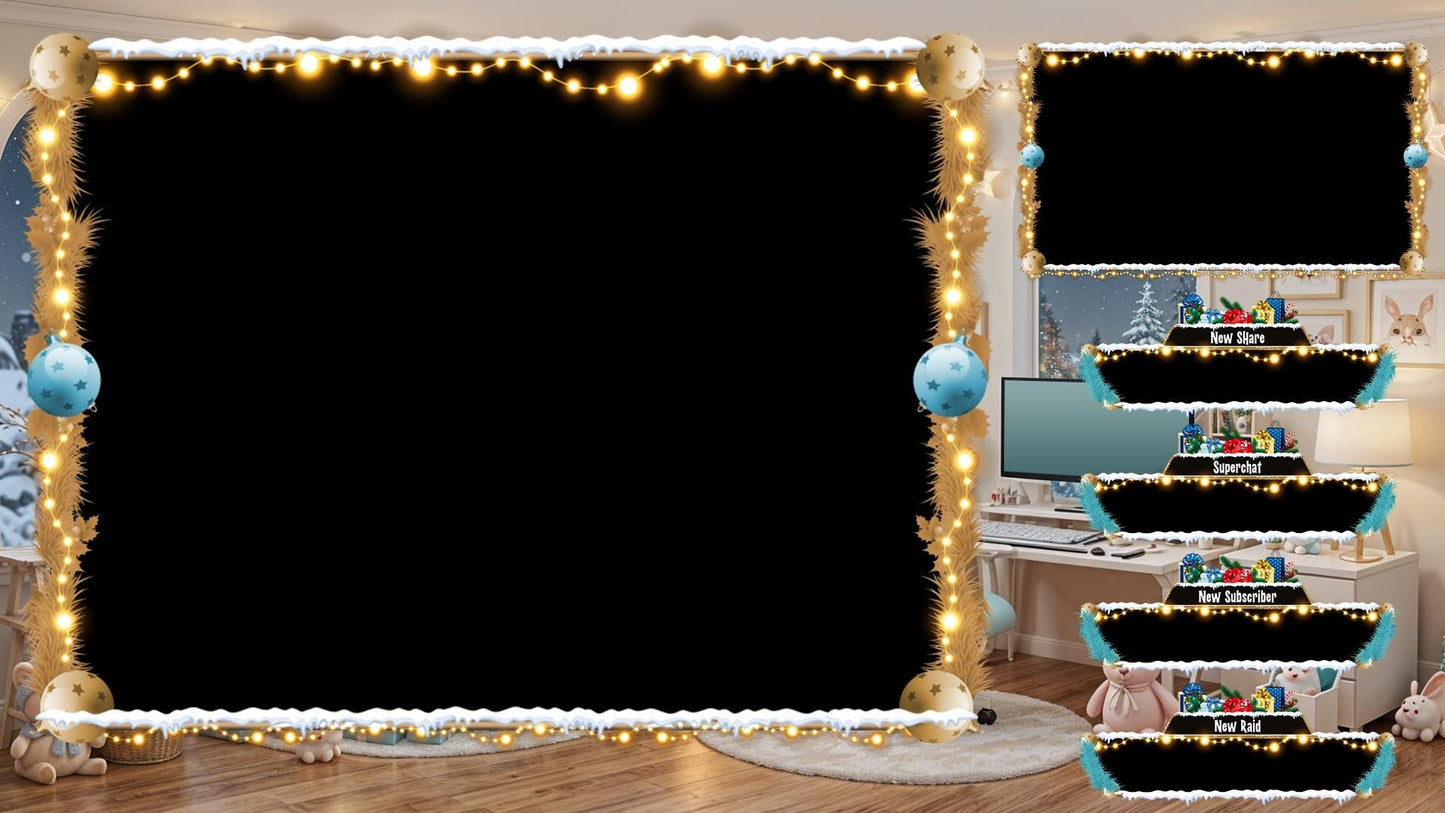 Christmas Kawaii Gaming Room Twitch Overlays Pack | Snow Fireplace | Christmas Tree Holiday Live Stream | Gift for Gamer | Game Room Decor