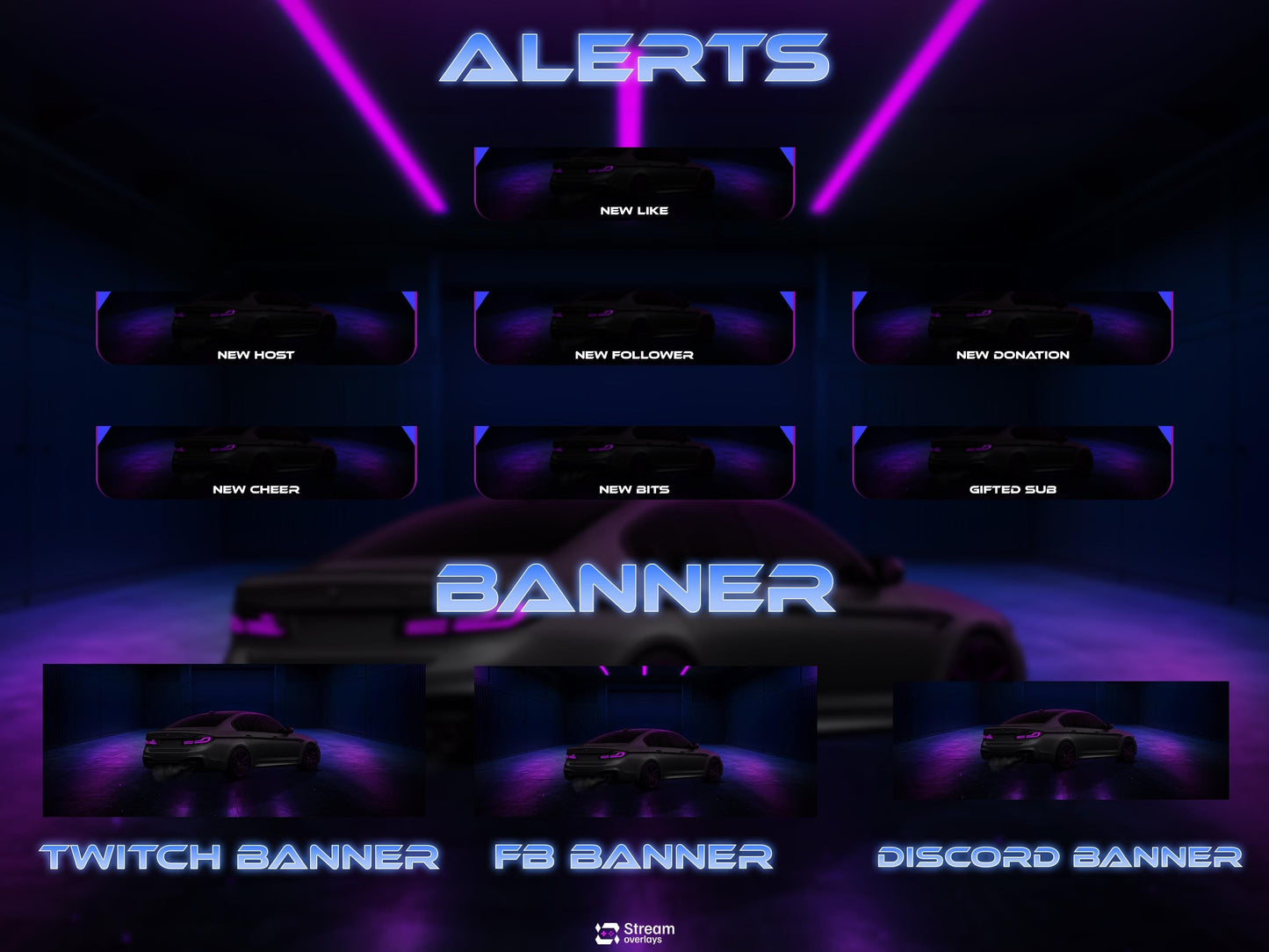 Car Twitch Overlay Pack | Animated Racing Stream | Neon Streaming scenes | Purple Screen Animation | Streams Alerts | Panels, Streamlabs,OBS
