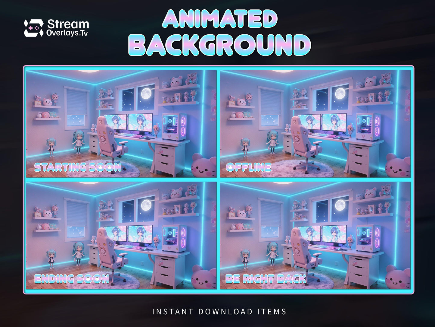 Kawaii Anime Gaming Room Animated Background Screen, Pastel Cute Setup Theme, Cozy Streaming Background, Starting Soon, BRB, Offline