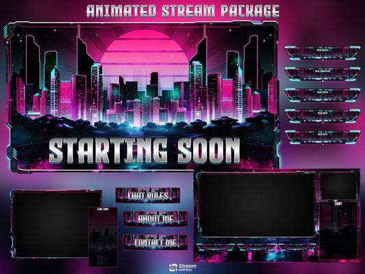 Neon Cyberpunk Stream Pack | Animated Twitch Overlay | Retro Synthwave City | Streaming Scenes | Gaming Overlay | Panels | Alerts | Screens