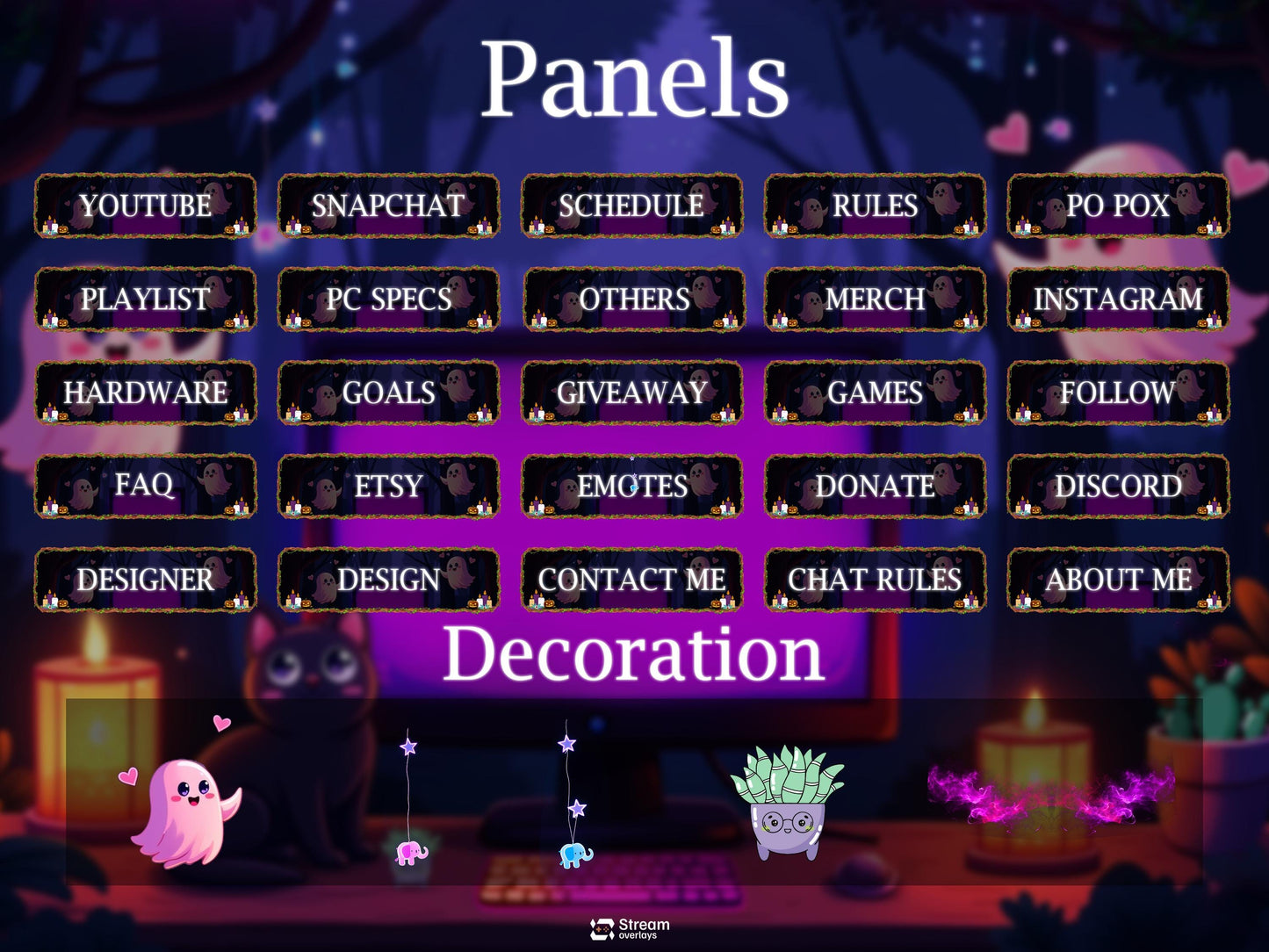 Cute Jungle Ghost Stream Overlays Pack | Animated Cat Wizard Magic Forest Twitch Overlay, Cute Trees Theme OBS Stream Package, Panels