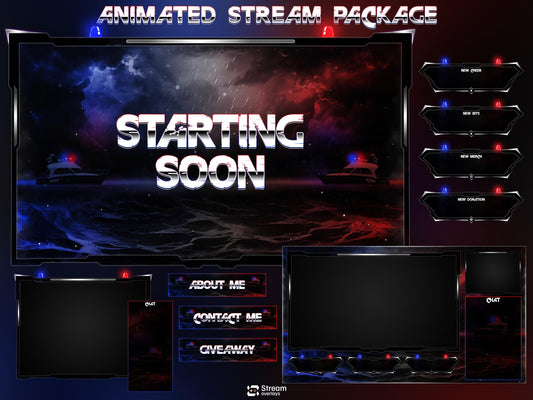 Ocean Police Twitch Overlay, Red and Blue Naval Cops Ocean Layouts for Streamers, Police Thunder Lightening Stream Overlay, OBS Crime Stream