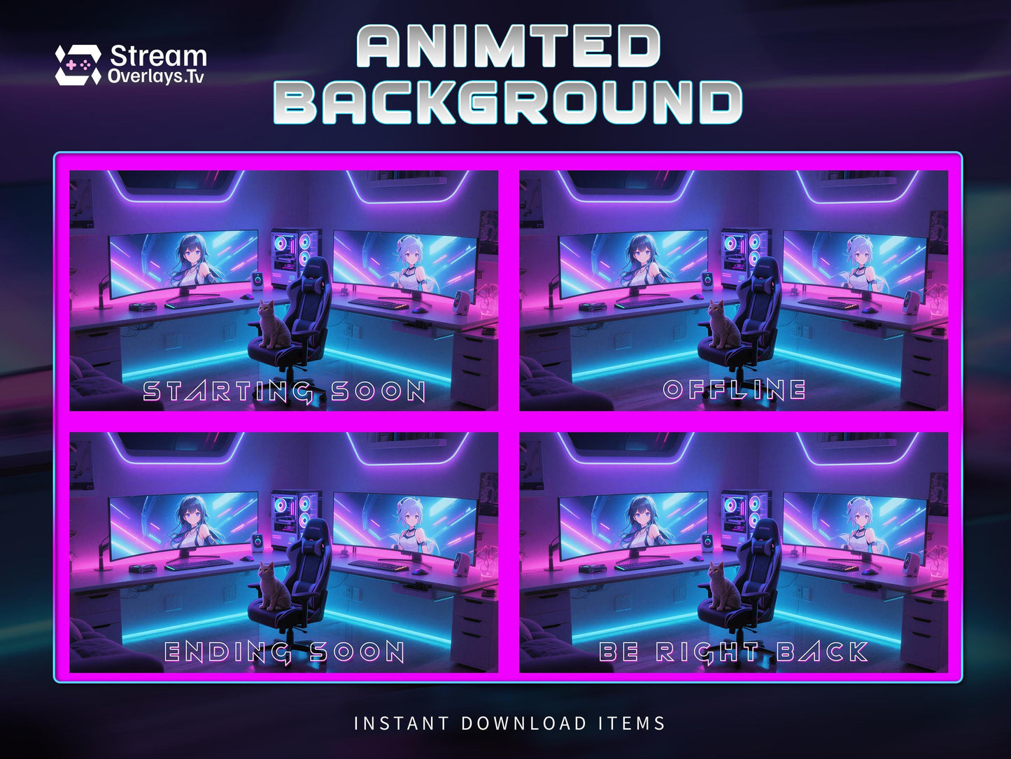 Cyber Neon Gaming Room Animated Stream Screens, Anime Theme (Digital Download)