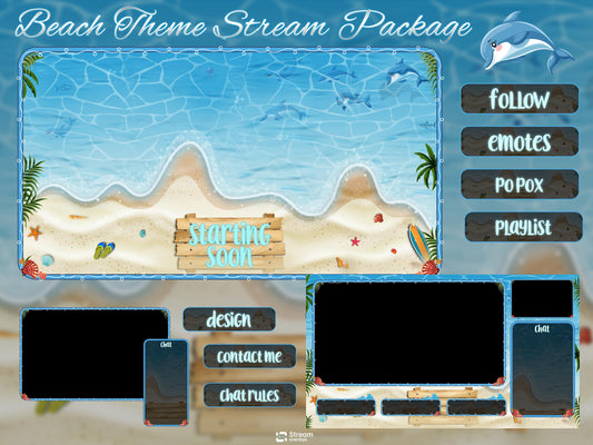 Beach Theme Gaming Overlay | Animated Streaming Pack | Summer Twitch Overlay | Ocean Screens Animation | Alerts | Panels | Streamlabs | OBS