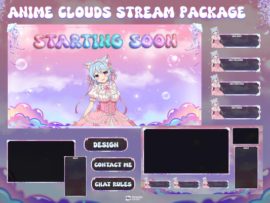 Pastel Sky Clouds Stream Package | Kawaii Anime Fantasy Twitch Overlays | Cute VTuber Gaming Bundle | Dreamy Colorful Cozy LoFi OBS Stream
