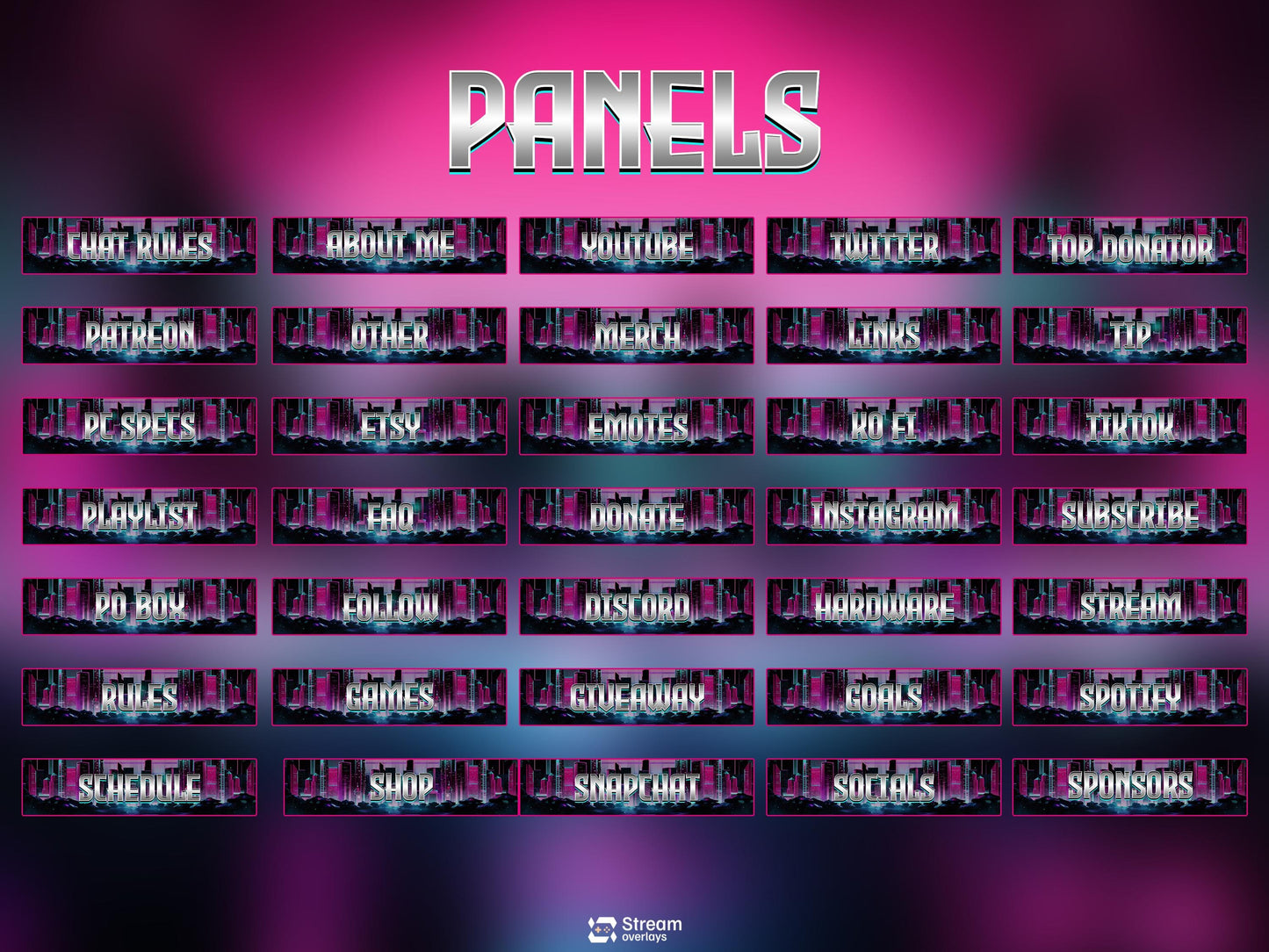 Neon Cyberpunk Stream Pack | Animated Twitch Overlay | Retro Synthwave City | Streaming Scenes | Gaming Overlay | Panels | Alerts | Screens