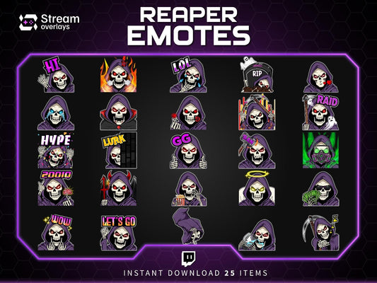 Reaper Twitch Emotes Pack | Grim Reaper Skull Emotes | Dark Gaming Stream Emotes | Twitch & Discord Emotes PNG