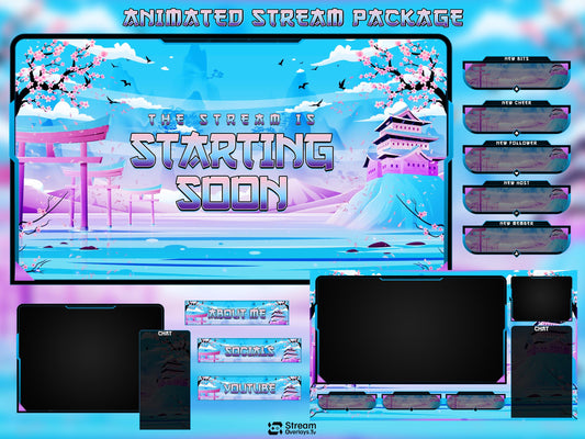 Japanese Kawaii Twitch Overlay | Sakura Cherry Blossom Stream Overlays | Cozy Mountain Lake OBS Bundle | Pastel Sky Screens, Panels, Webcam
