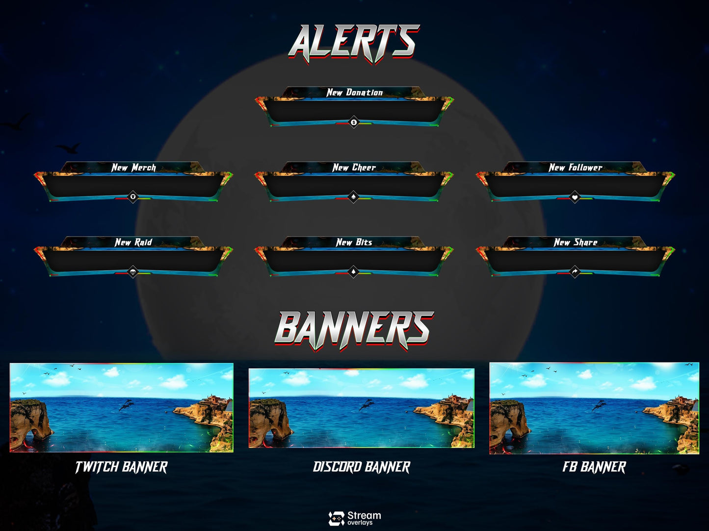 Ocean Twitch Overlay Pack | Sea stream | Nature stream art | Starting Soon BRB & Alerts | Animated Scenes | Gaming Panels | Costal Theme