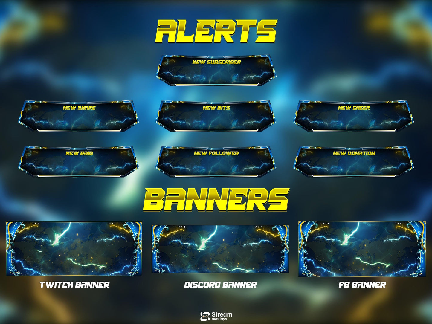 Energy Twitch Overlay | Lightning Streaming Pack | Electric Animated Scenes, Blue Yellow Power Streams, Twitch Alerts, Starting Soon, Panels