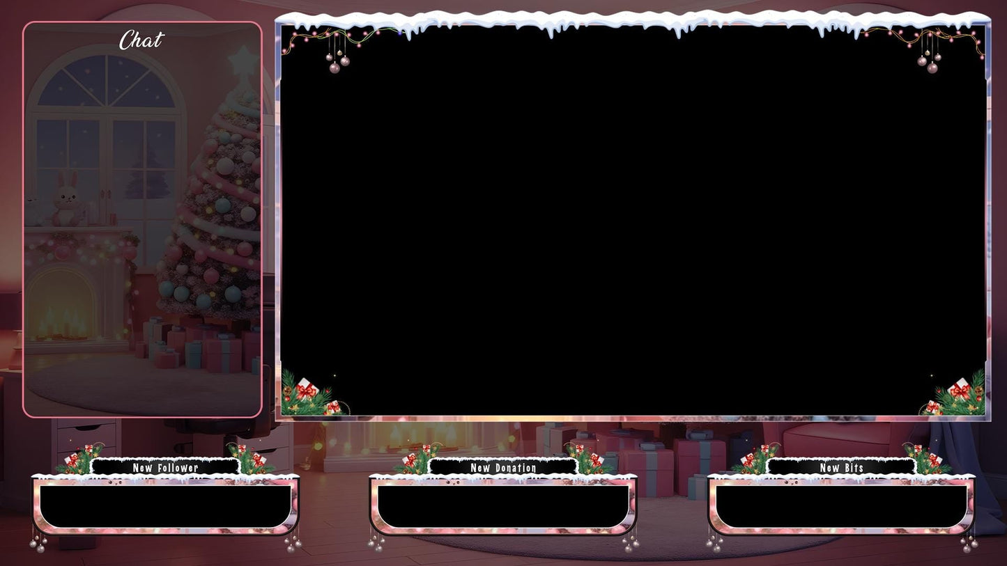 Christmas Pink Gaming Room Overlays Pack | Snowy Theme Xmas Tree Dream Bundle | Gift for Streamers | Winter Stream Decor Twitch | Gamer Desk