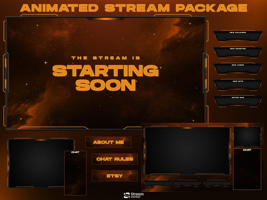 Cosmic Twitch Overlay | Space Gaming Stream | Orange Animated Pack | Nebula Streaming Scenes | Gaming Panels | Galaxy Theme | Streams Screen