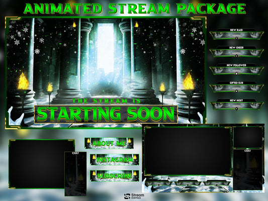 Winter Castle Stream Overlay, Mystic Temple Twitch Overlay| Green Fantasy Ruins Screens | Magic Throne Starting Soon, Alerts Panels OBS Kick
