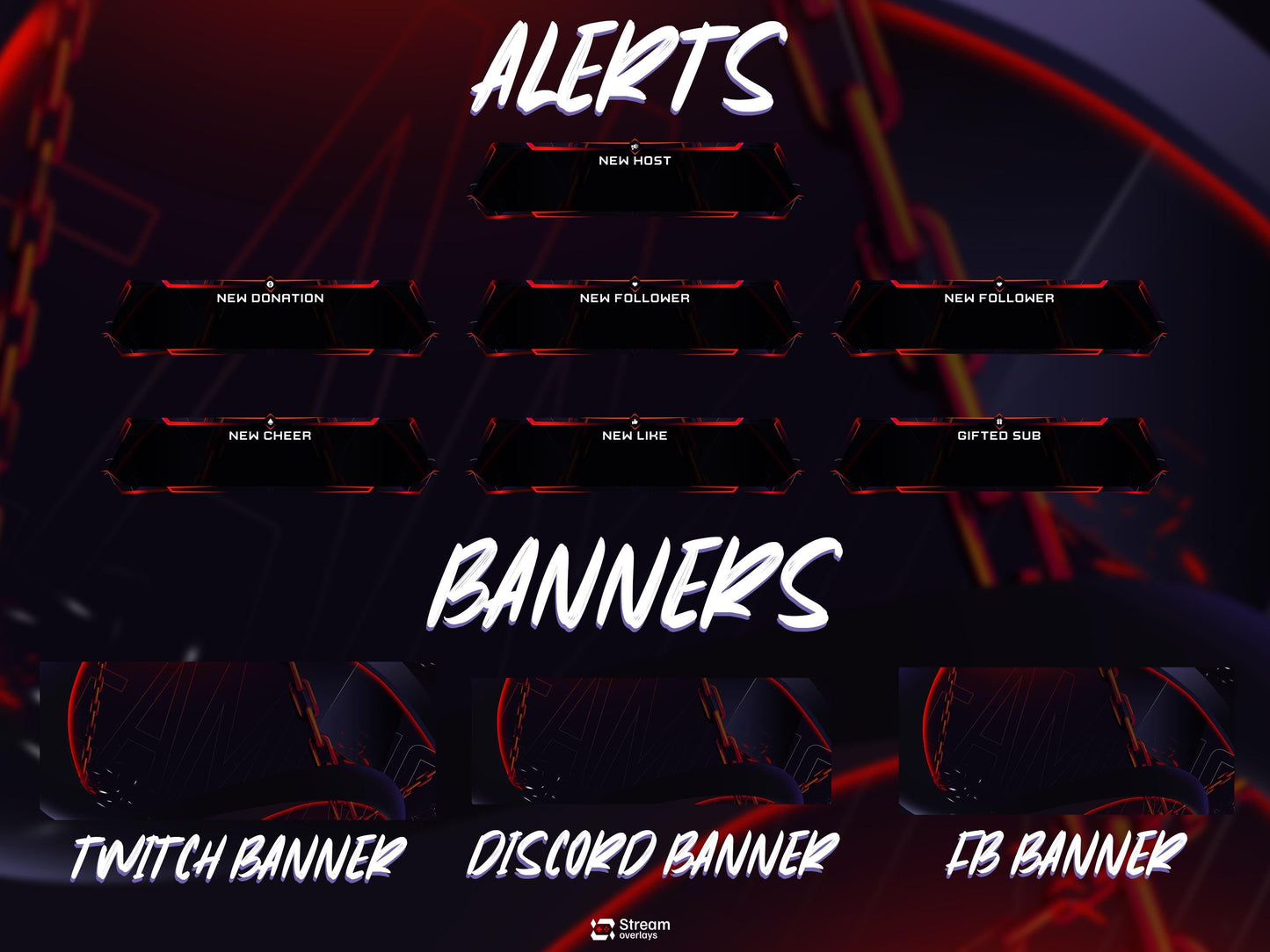 Dark Chain Animated Stream Screens | Industrial Twitch Overlay Pack |Red Streams Package | Screens | Streaming Scenes | Gaming Panels,Alerts
