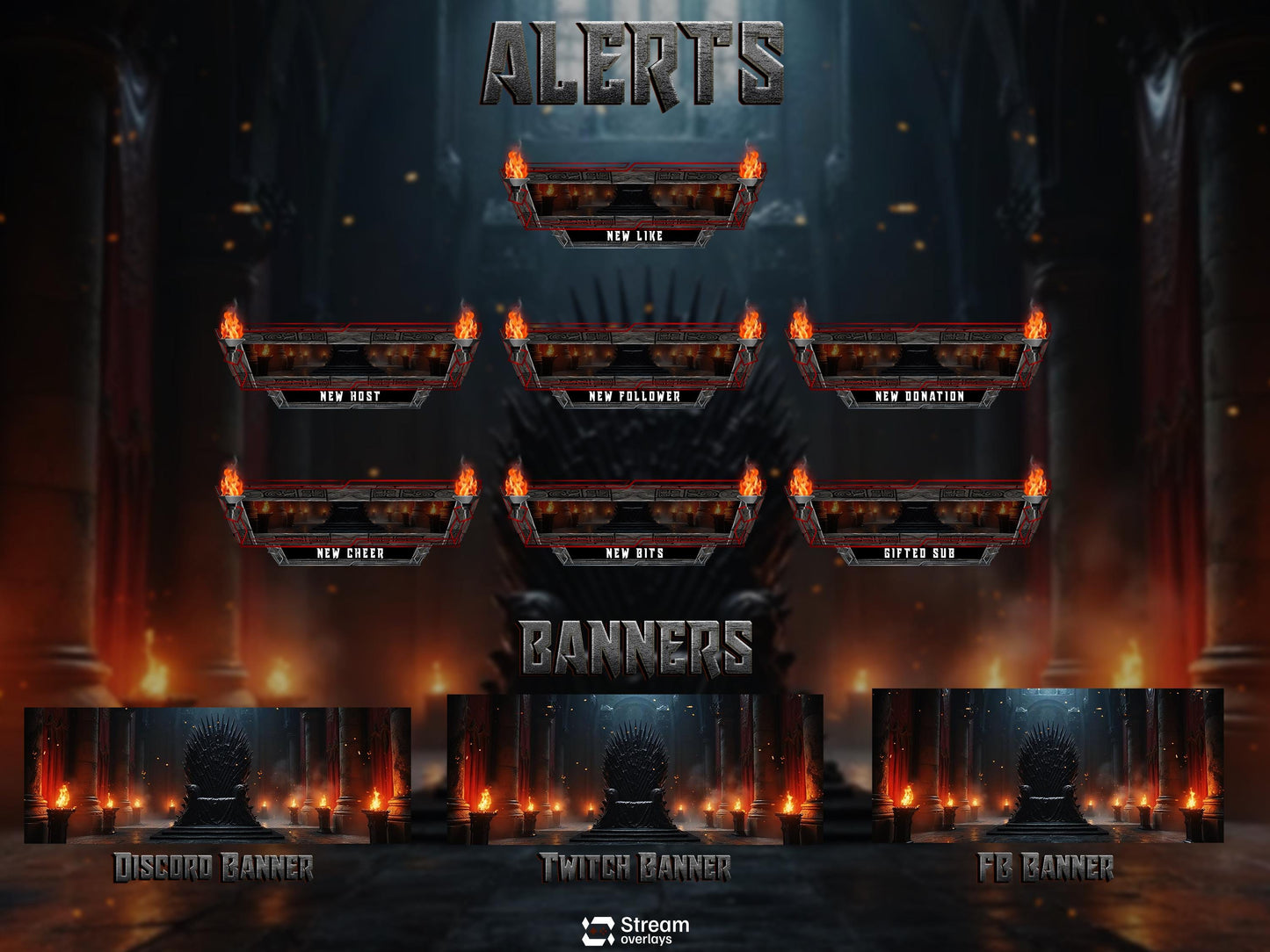 Medieval Twitch Overlay | Dark Castle Throne Room Stream Screens | Animated Overlay | Iron Fire Stream Screens | Fire Alerts