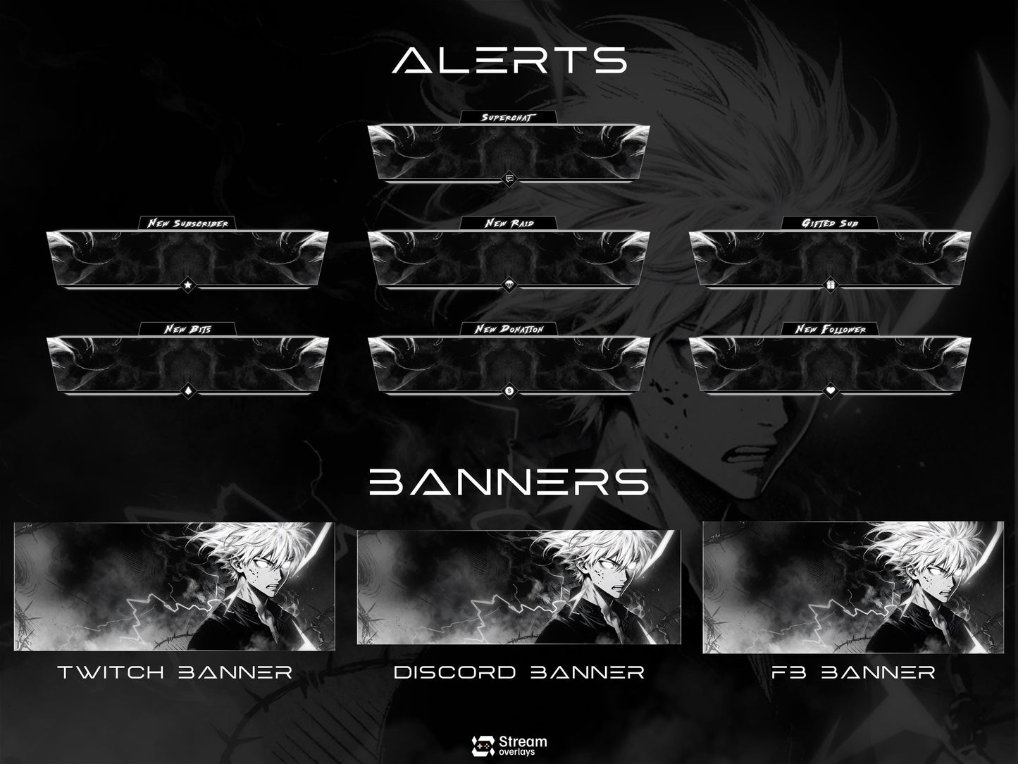 Anime Twitch Overlay Pack | Dark Monochrome Stream Screens | Lightning Anime Theme | Starting Soon BRB Ending & Alerts