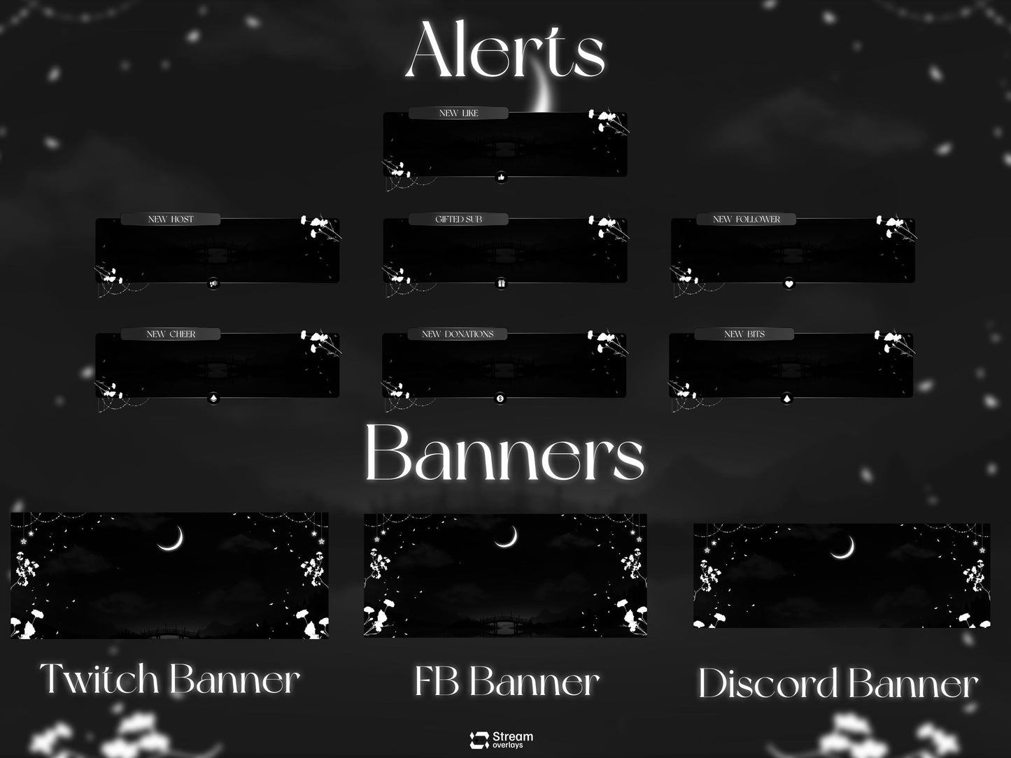 Midnight Petals Stream Pack | Dark Twitch Overlay | Floral Animated Scenes | Minimal Moon Streams | Twitch Alerts | Starting Soon | Panels