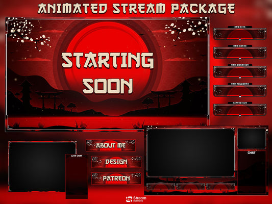Samurai Stream Overlay Pack | Japanese Stream Package | Streaming Twitch | Stream Scenes | Red Moon Gaming | Panels | Alerts | Screens,OBS