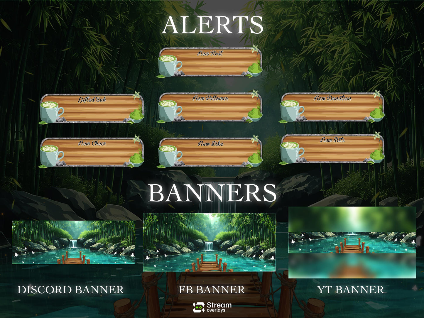 Bamboo Streaming Pack | Animated Twitch Overlay | Nature Stream Package | Forest Waterfall Screens | Alerts | Panels | Gaming Overlays | OBS