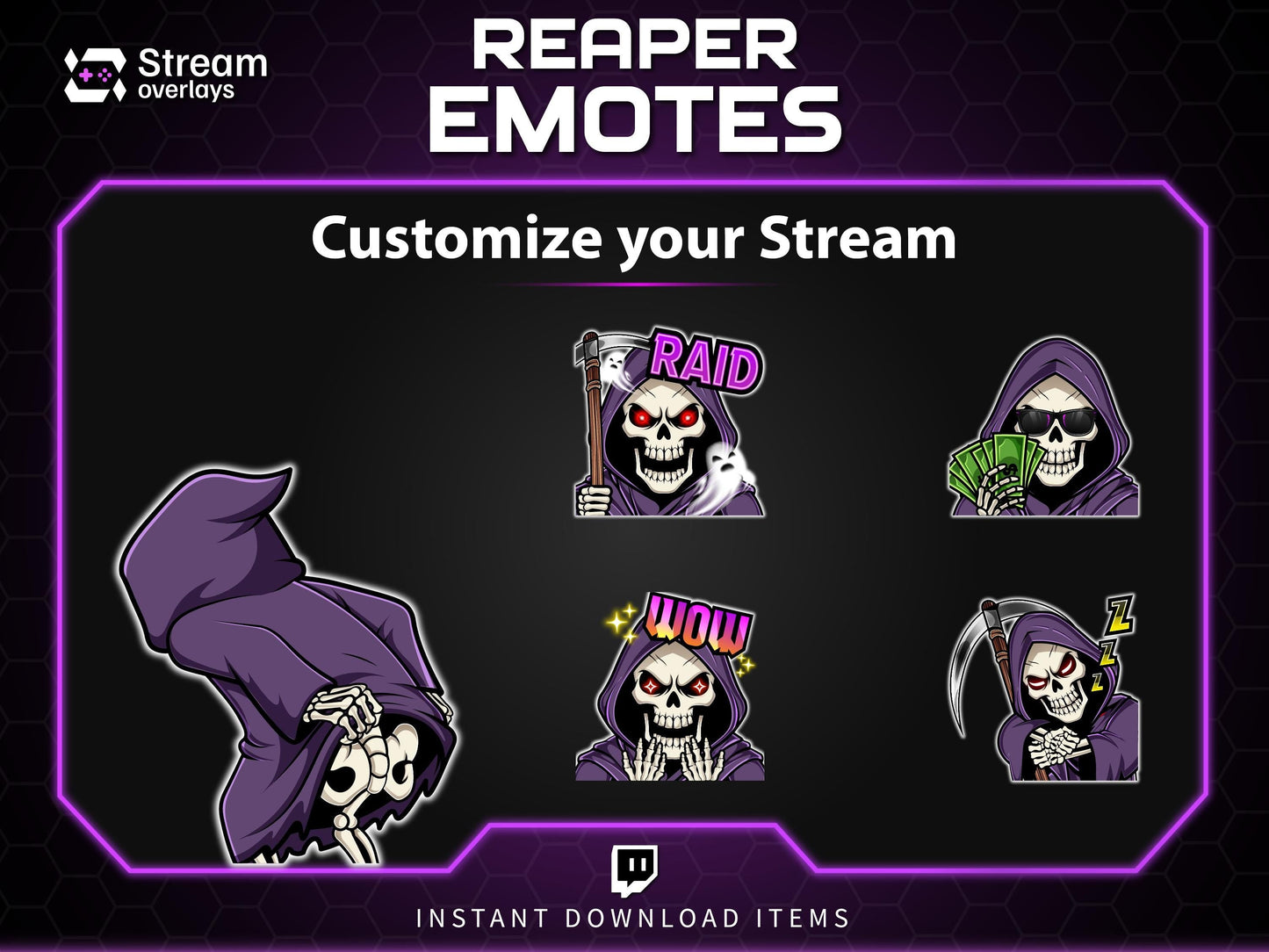 Reaper Twitch Emotes Pack | Grim Reaper Skull Emotes | Dark Gaming Stream Emotes | Twitch & Discord Emotes PNG