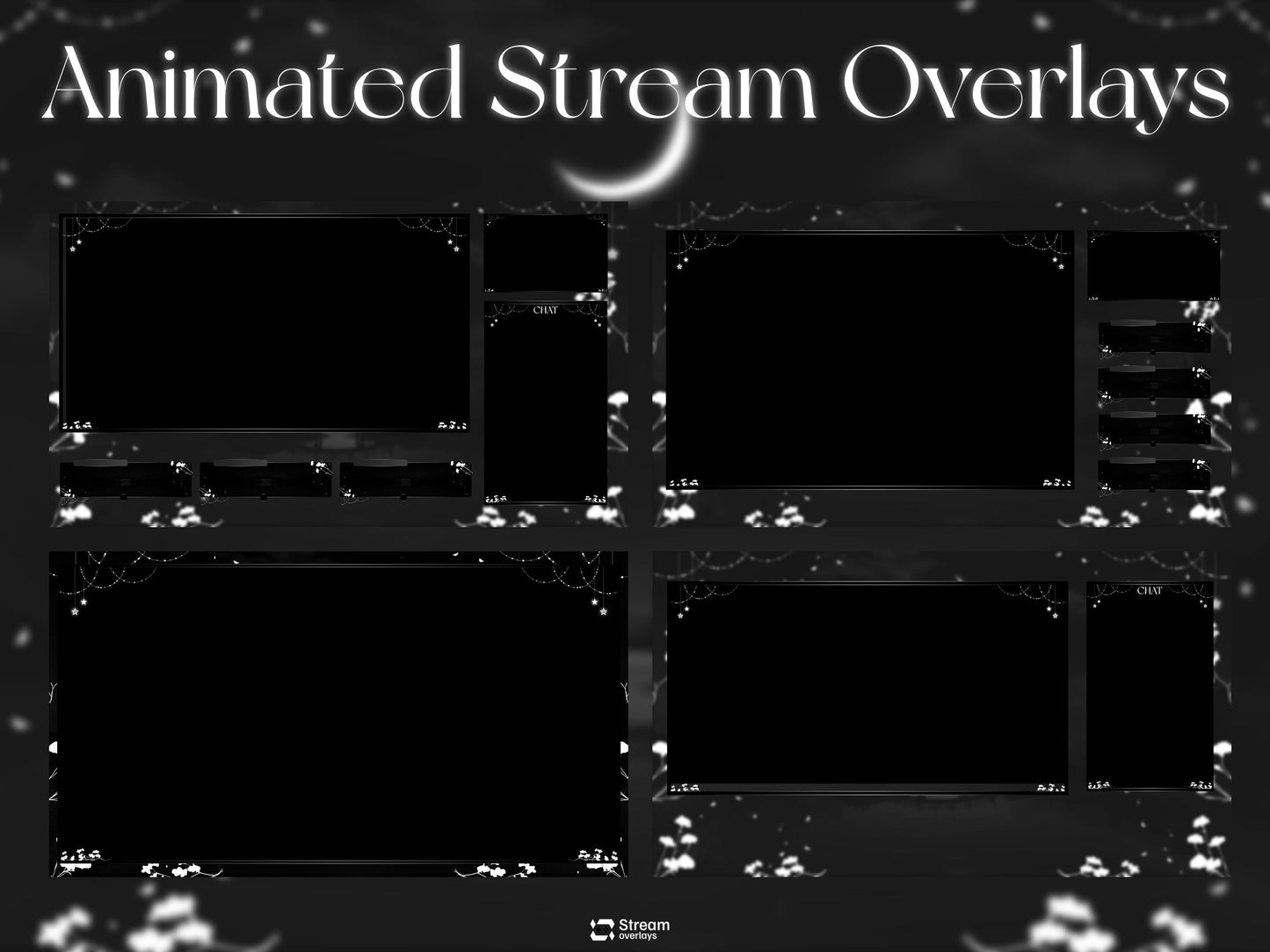Midnight Petals Stream Pack | Dark Twitch Overlay | Floral Animated Scenes | Minimal Moon Streams | Twitch Alerts | Starting Soon | Panels