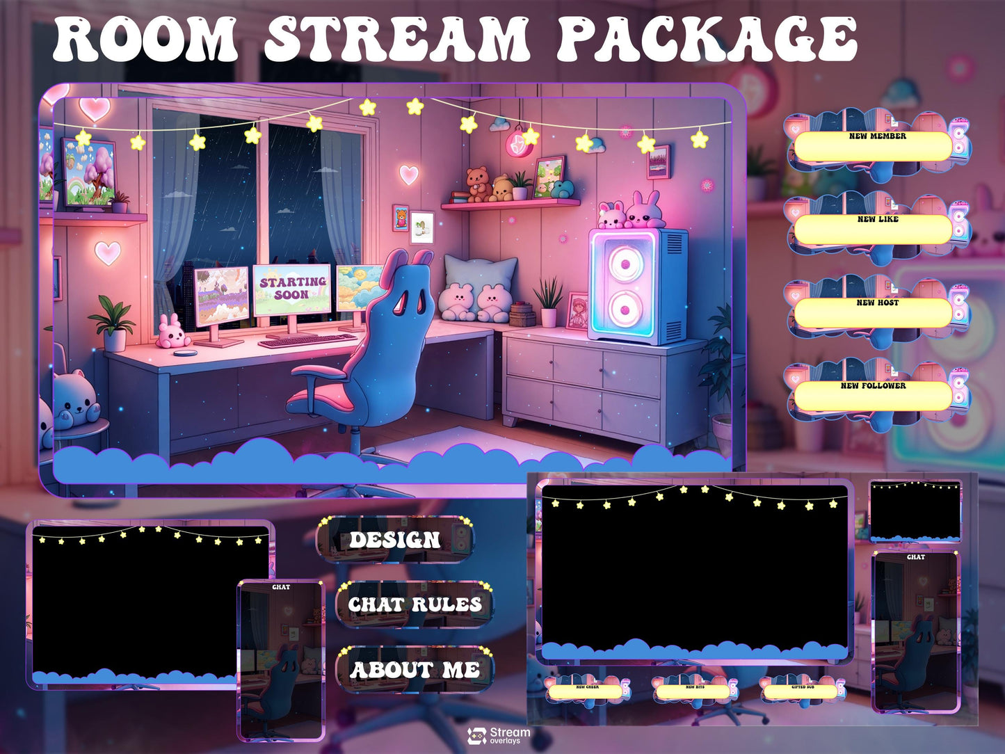 Cute Kawaii Gaming Room Stream Overlay | Cozy Lofi Gamer Girl Twitch Package | Pink & Blue Dreamy Room Setup, Animated Screens Alerts Panels