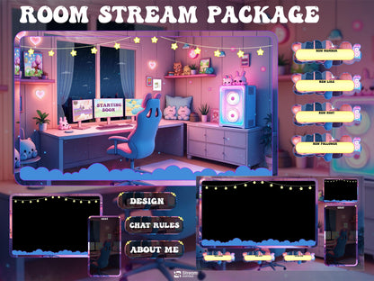 Cute Kawaii Gaming Room Stream Overlay | Cozy Lofi Gamer Girl Twitch Package | Pink & Blue Dreamy Room Setup, Animated Screens Alerts Panels