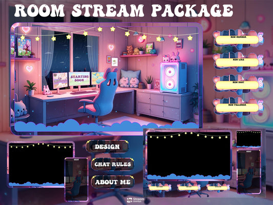 Cute Kawaii Gaming Room Stream Overlay | Cozy Lofi Gamer Girl Twitch Package | Pink & Blue Dreamy Room Setup, Animated Screens Alerts Panels