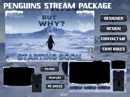 But Why Penguin Stream Overlay Pack | Nihilist Penguin Walking Mountains Twitch Streamer | Arctic Penguin Meme| Ice Snow Winter Lone Penguin