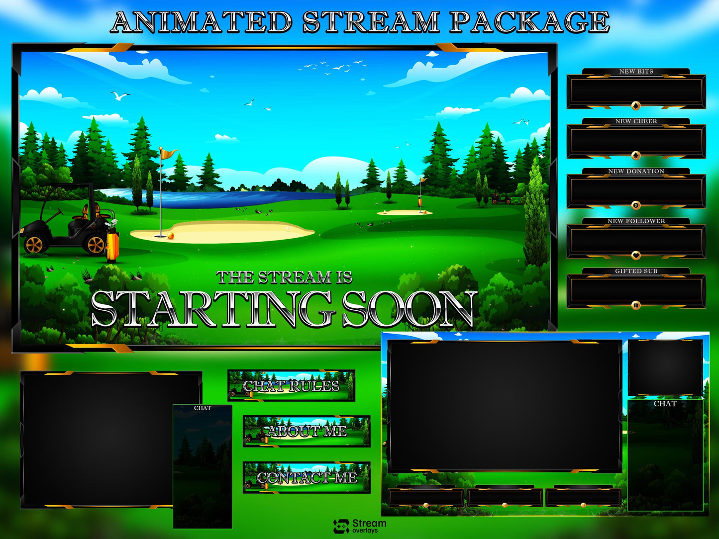 Golf Twitch Overlay Pack | Animated Sports Streaming Package | Stream Package | Gaming Alerts | Starting Soon | Kick Screens | OBS Studio