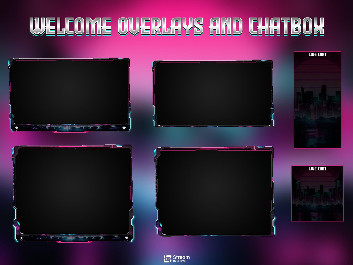 Neon Cyberpunk Stream Pack | Animated Twitch Overlay | Retro Synthwave City | Streaming Scenes | Gaming Overlay | Panels | Alerts | Screens