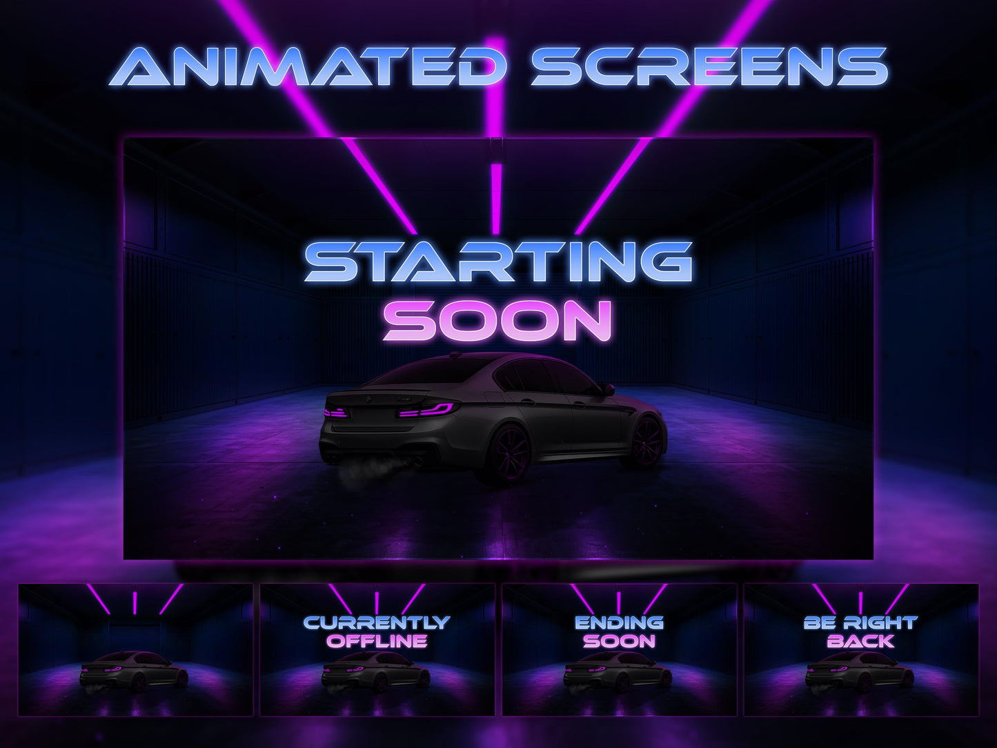 Car Twitch Overlay Pack | Animated Racing Stream | Neon Streaming scenes | Purple Screen Animation | Streams Alerts | Panels, Streamlabs,OBS