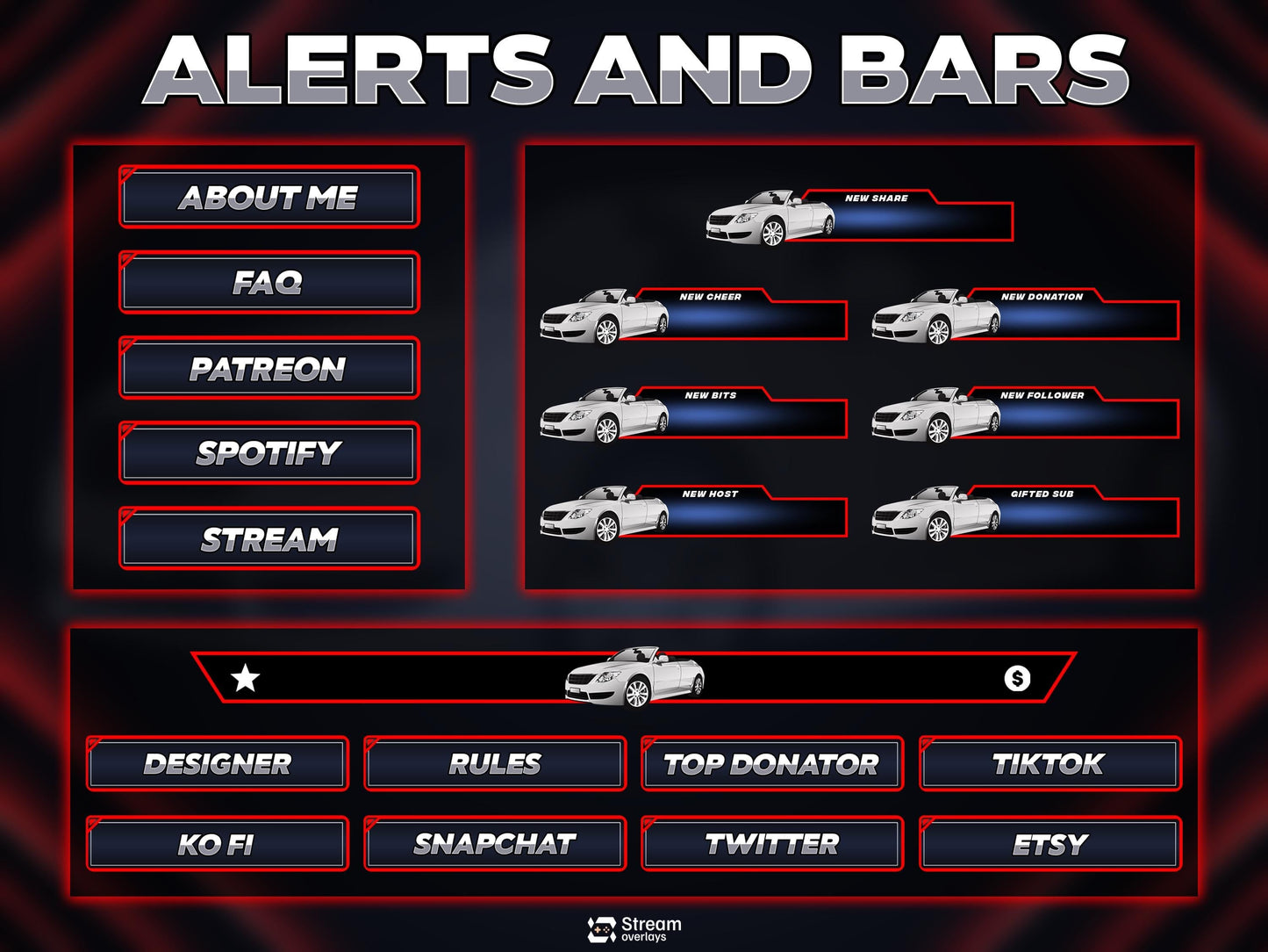 Car overlay pack | Animated Racing Stream Screens | Sport Car Theme | Gaming Overlays | Racers | Twitch Alerts | Panels | Auto Speed Pack