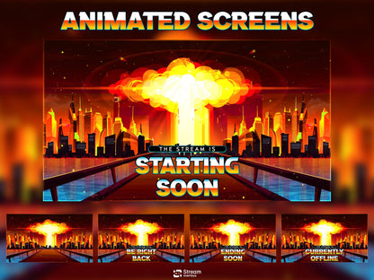Atomic Explosion Stream Package, Nuclear Blast Twitch Overlay, Cyberpunk City Fire Overlays, Dystopian Stream Apocalypse City OBS Streamlabs