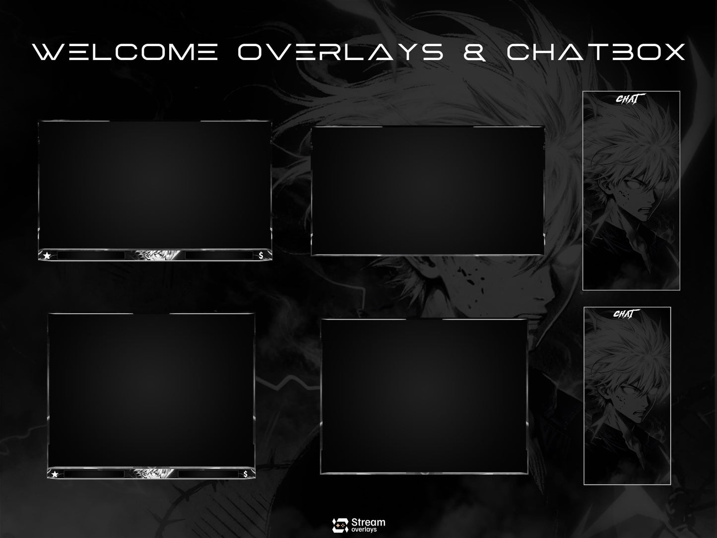 Anime Twitch Overlay Pack | Dark Monochrome Stream Screens | Lightning Anime Theme | Starting Soon BRB Ending & Alerts