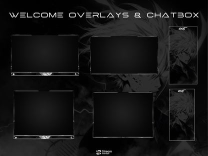 Anime Twitch Overlay Pack | Dark Monochrome Stream Screens | Lightning Anime Theme | Starting Soon BRB Ending & Alerts
