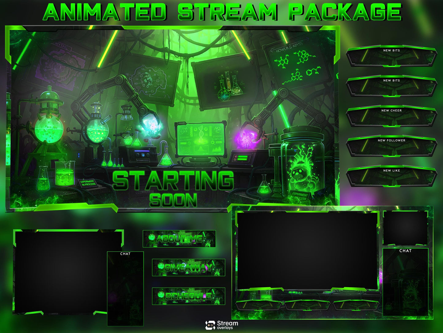 Sci-Fi Toxic Laboratory Twitch Overlay, Futuristic Neon Lab Stream Overlays, Cyberpunk Lab Stream, OBS Green Overlay Toxic Experiment Lab