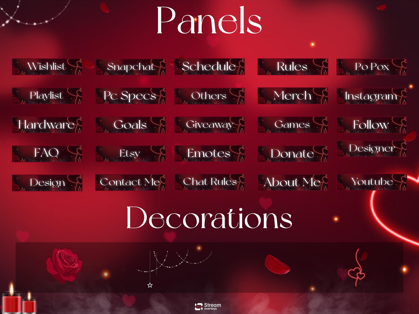 Love Stream Package | Valentine Twitch Overlay Pack | Romantic Red Heart Stream Screens | Animated Rose Petals Candle Stream | Alerts, BRB
