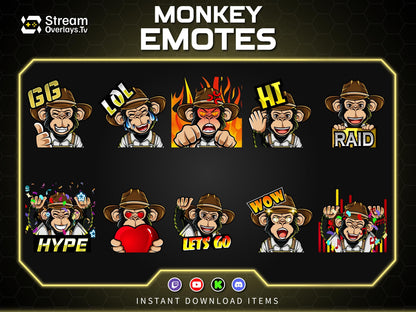 Cowboy Monkey Emotes, Farmer Chimp Emojis, Explorer Chimp Emote Pack, Gamer Ape Stickers,  Zoo Monkey Streamer, Twitch, Discord, Kick