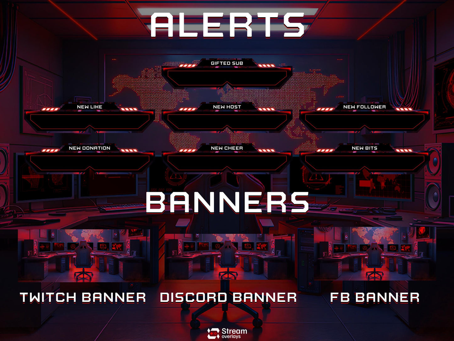 Hacker Room Twitch Overlay | Red Gaming Room | Secret Control Room Stream Overlays | Gamer Streams | Animated Streaming | Screens | Panels
