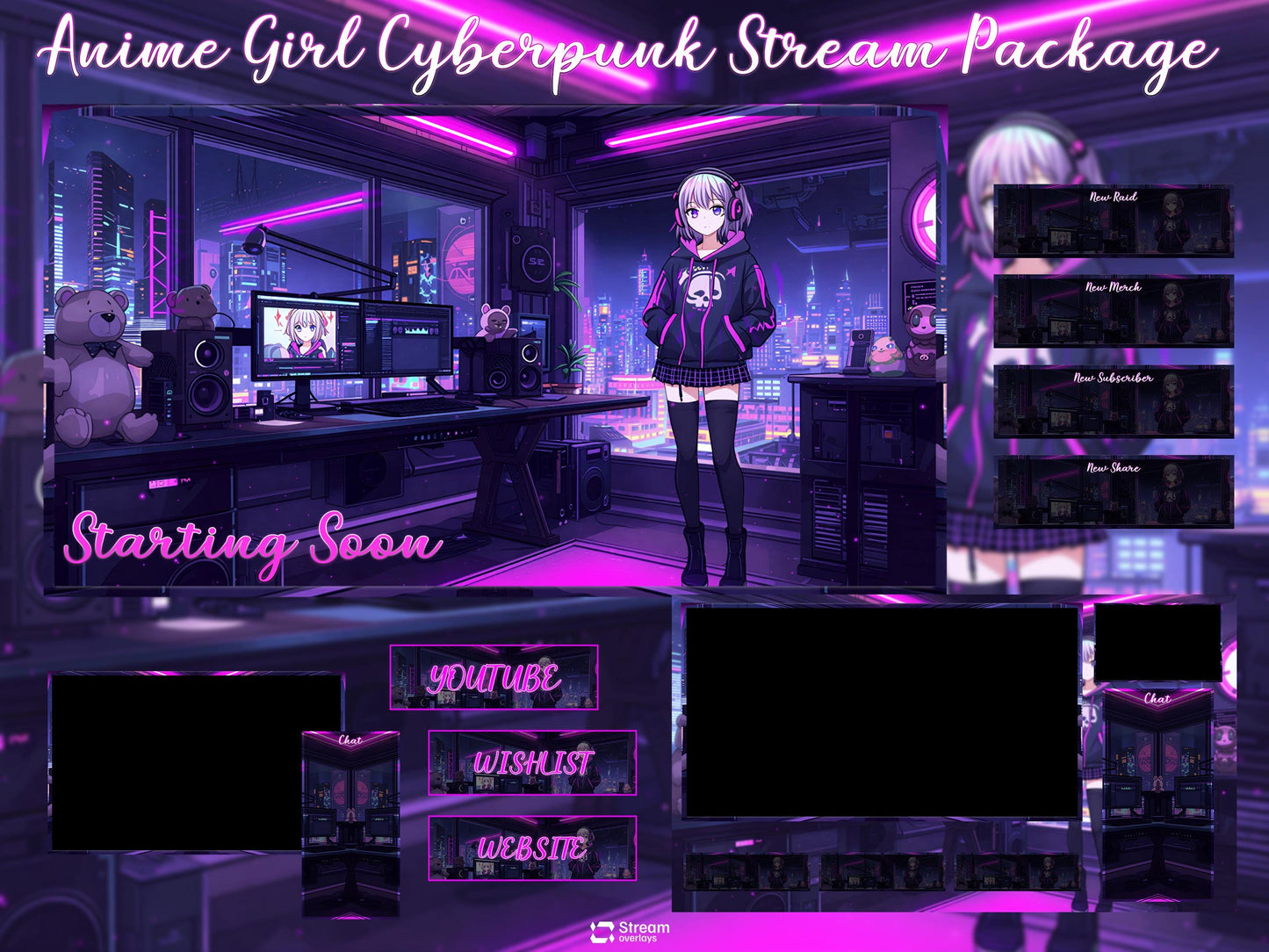 Cyberpunk Twitch Overlay | Neon Gaming Room | Anime Stream Overlays | Gamer Streams | Animated Streaming | Girl Package | Twitch Screens