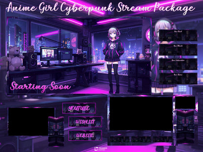 Cyberpunk Twitch Overlay | Neon Gaming Room | Anime Stream Overlays | Gamer Streams | Animated Streaming | Girl Package | Twitch Screens