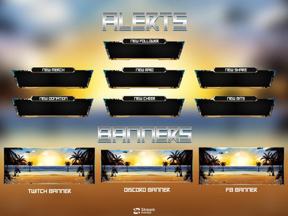 Tropical Beach Twitch Overlay | Summer Island Stream | Animated Gaming Pack | Sunset Streams | Streaming Scenes | Gaming Panels | Screens