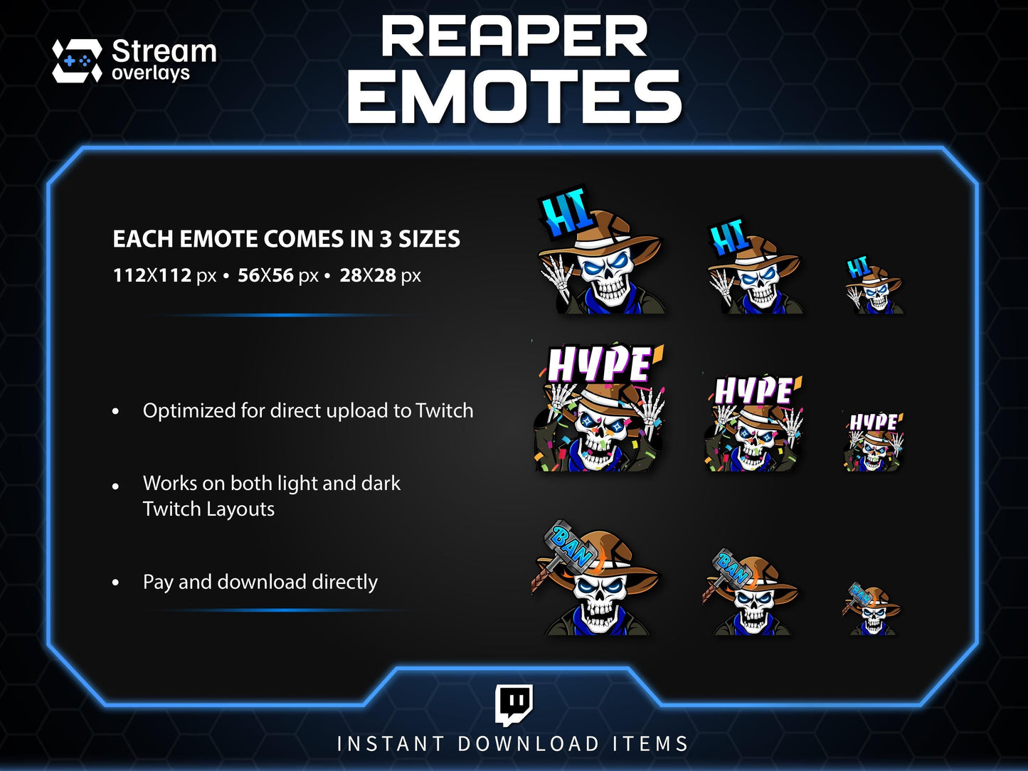 Cowboy Reaper Twitch Emotes Pack | Western Skeleton Skull Emotes for Discord, Kick, Youtube | Dark Gaming Emoji | Grim Reaper Streamer Pack