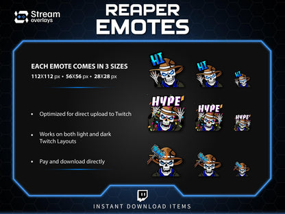 Cowboy Reaper Twitch Emotes Pack | Western Skeleton Skull Emotes for Discord, Kick, Youtube | Dark Gaming Emoji | Grim Reaper Streamer Pack