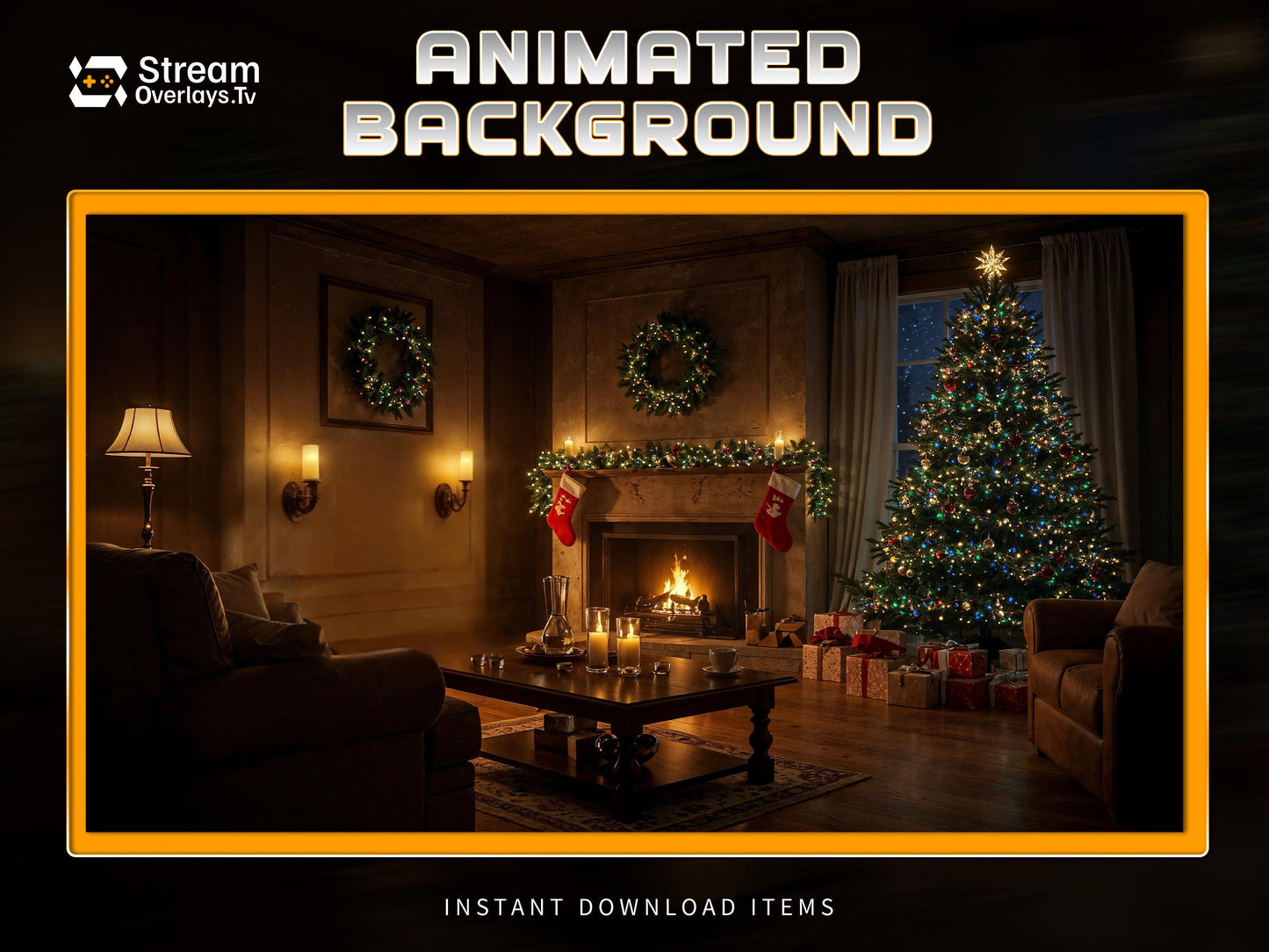 Warm Christmas Cozy Room Animated Background Screen | Detailed Fireplace & Tree Theme Starting Soon, BRB, Offline, Ending Soon Holiday Theme