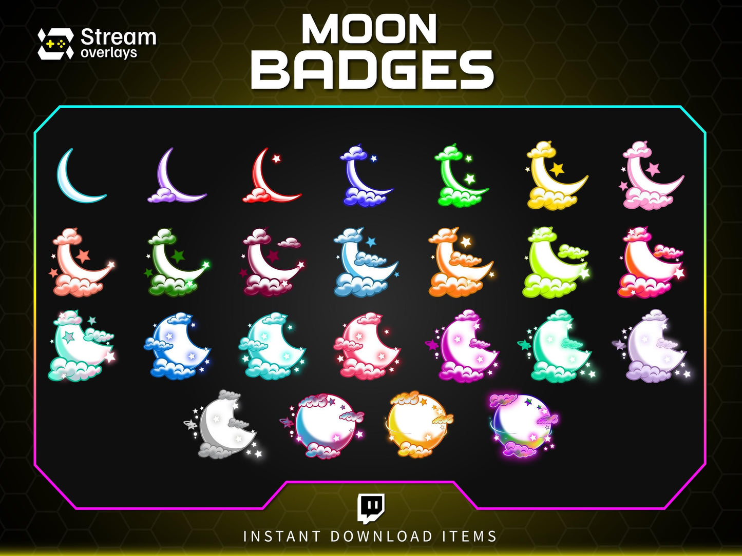 Moon Twitch Sub Badges, Kawaii Celestial Cloud Stream Badges (Digital Download)