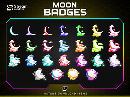 Moon Twitch Sub Badges, Kawaii Celestial Cloud Stream Badges (Digital Download)